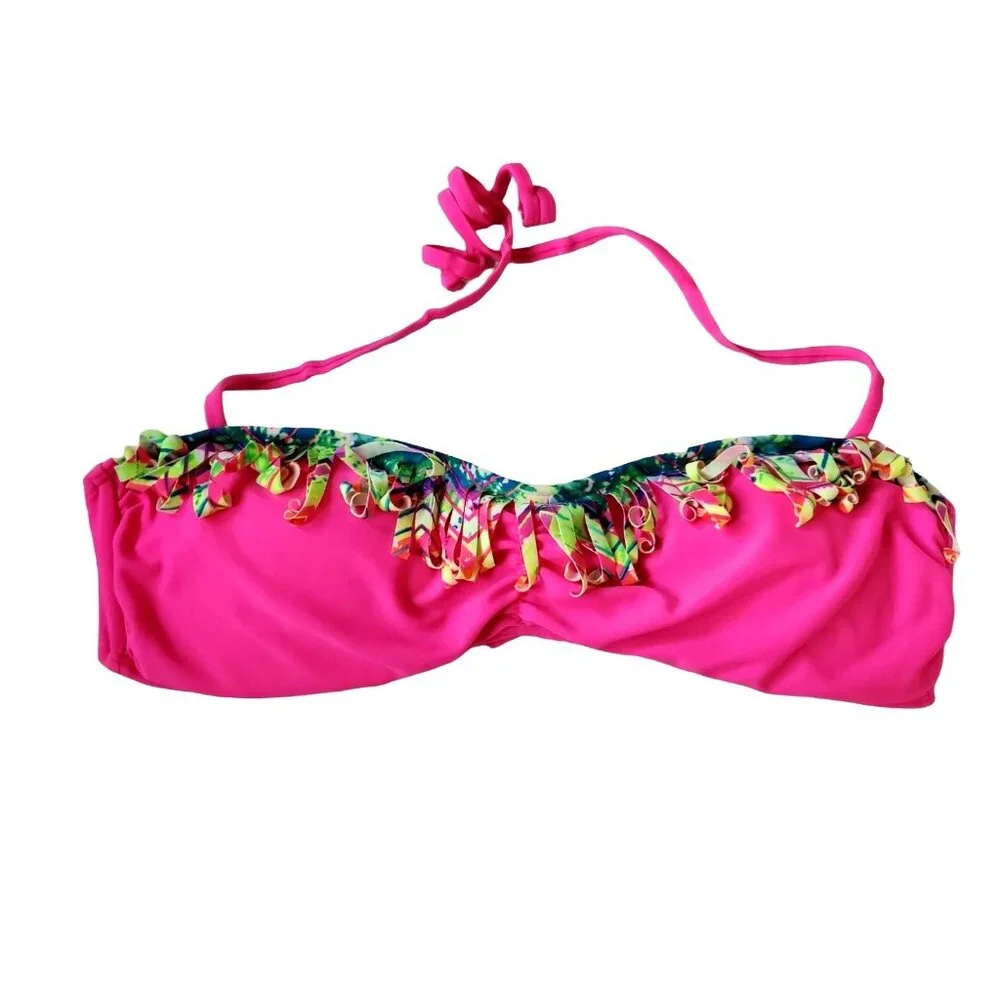 Freestyle Revolution 8 Bikini Top Y2K Halter Fringe Bright Neon Pink Swimwear